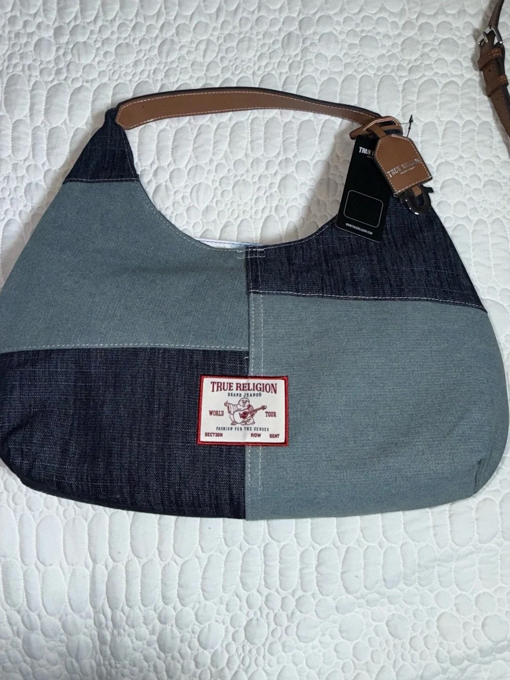 True Religion Two-Tone Denim Shoulder Bag with Tan Accents - Picture 5 of 7